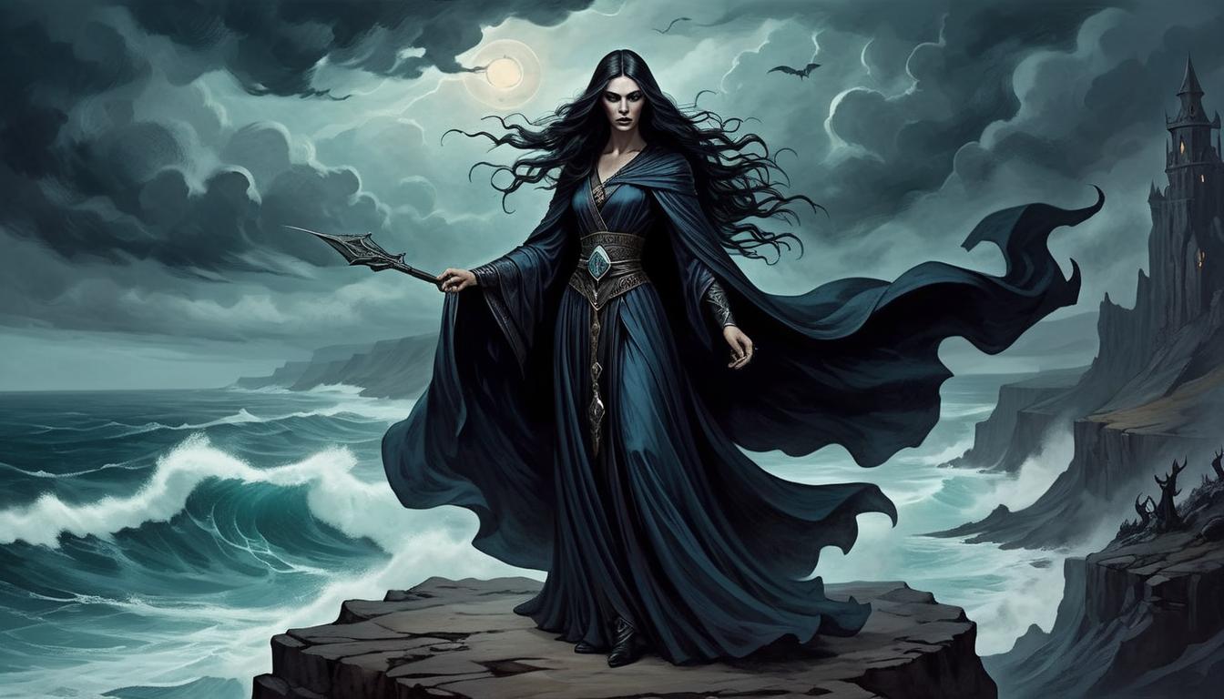  on parchment, surrealism+++, dark sorceress on a cliff, overlooking a vast, stormy ocean, dark robes billowing in the wind, eyes glowing with mystical power, foreboding, commanding, elemental fury(mysterious, provocative, symbolic,muted color)+++