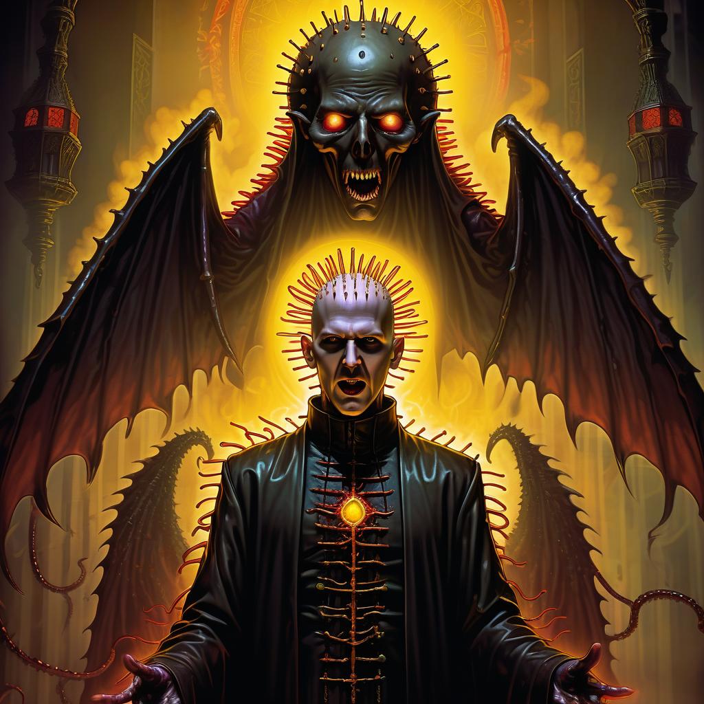  retro game art (hellraiser) vampire thin creature in the priest's robe in a sticky shiny slime bent down in the fog and light of yellow lights smoke red sparks spikes terror tentacles lovecraft necronomicon and rings of slime wings . 16 bit, vibrant colors, pixelated, nostalgic, charming, fun