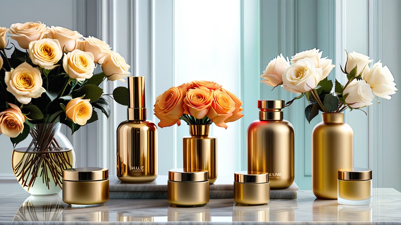  a lavish skincare display featuring elegant glass jars and gold accented makeup products on a marble countertop, surrounded by blooming white roses and soft candlelight, evoking a sense of luxury and indulgence. hyperrealistic, full body, detailed clothing, highly detailed, cinematic lighting, stunningly beautiful, intricate, sharp focus, f/1. 8, 85mm, (centered image composition), (professionally color graded), ((bright soft diffused light)), volumetric fog, trending on instagram, trending on tumblr, HDR 4K, 8K