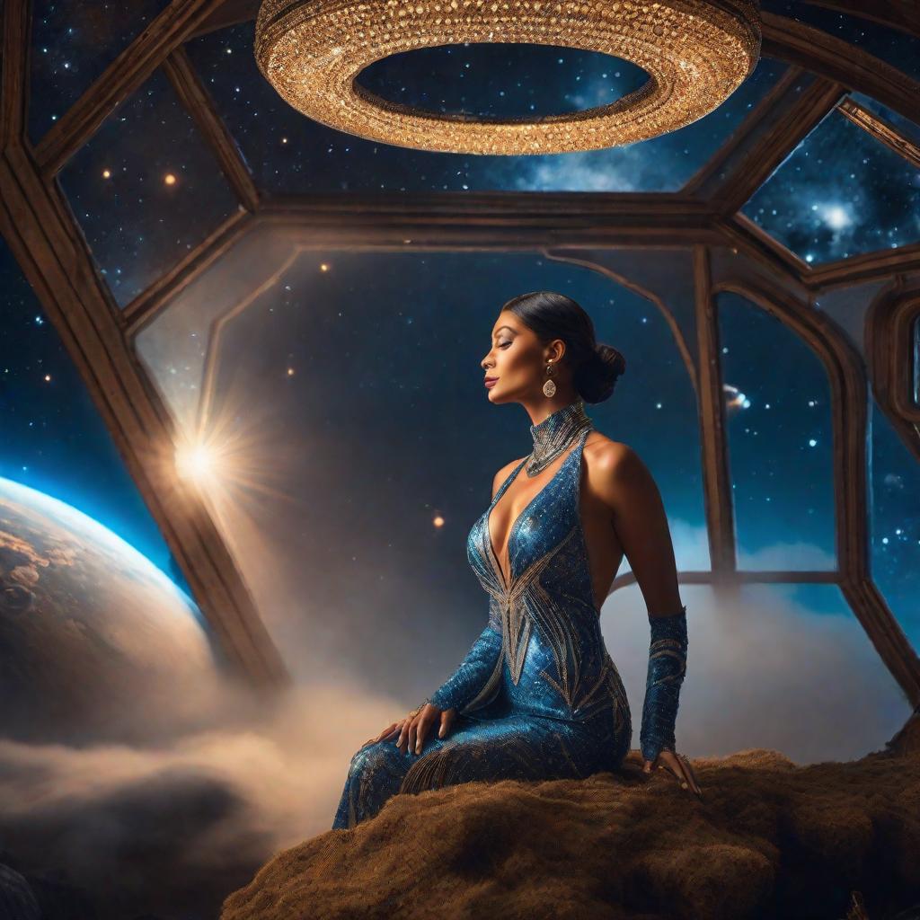  a cosmic scene with stars and a blue planet below hyperrealistic, full body, detailed clothing, highly detailed, cinematic lighting, stunningly beautiful, intricate, sharp focus, f/1. 8, 85mm, (centered image composition), (professionally color graded), ((bright soft diffused light)), volumetric fog, trending on instagram, trending on tumblr, HDR 4K, 8K