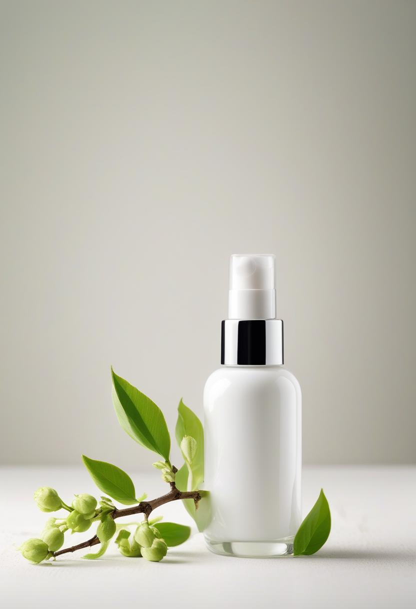  product photography, white makeup bottle on board, close up, there is a branch with green bud, depth of field, interior home scene, bright, white clean background, minimalist style, front lighting, natural light, superb texture, professionally captured through product photography, rich detail, macro photography, combining natural and artificial elements, super realistic