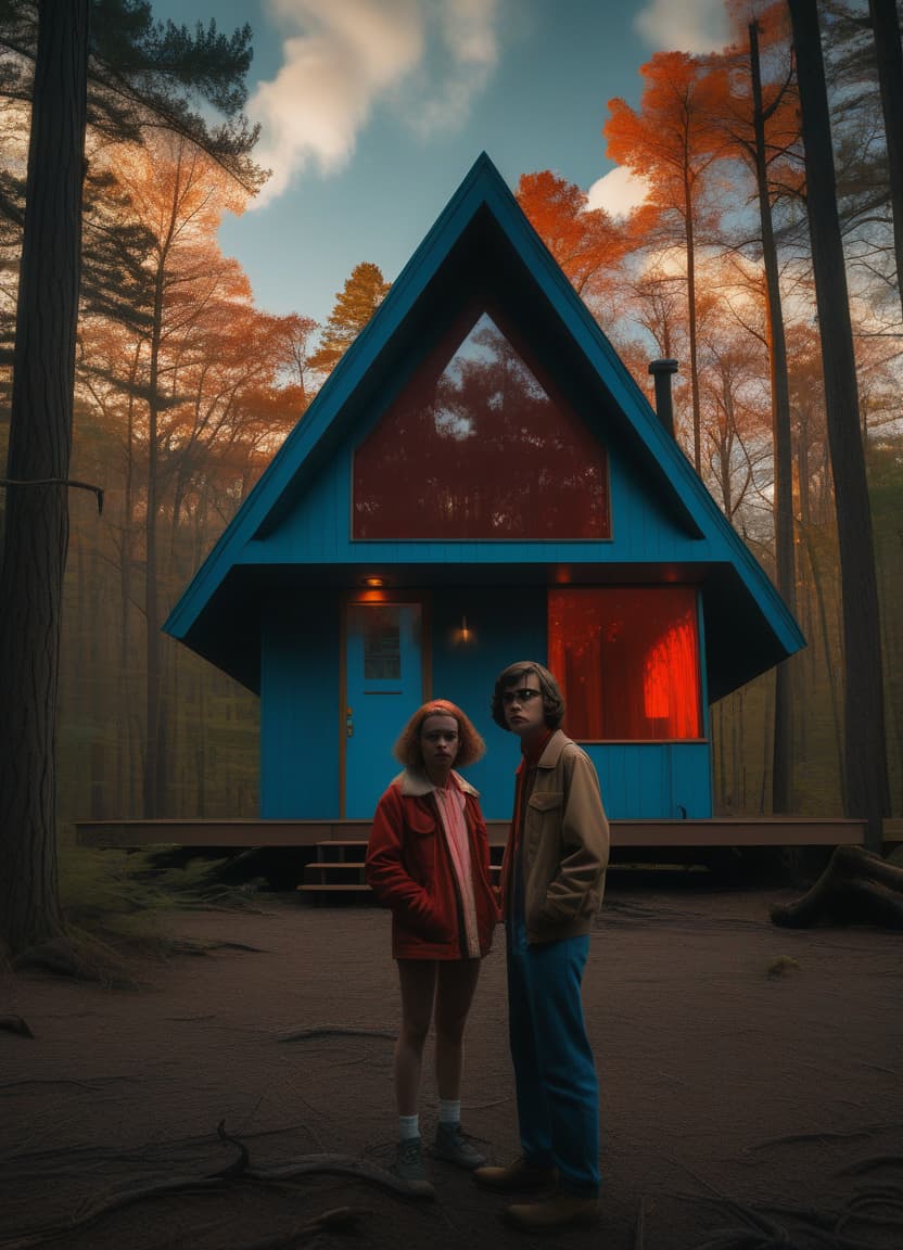  a man and woman stand in front of a glass and wood mid century modern cabin is in wooded clearing, behind the cabin is a blue running river, the clouds are an orange and red, the sun is eclipsed, in the clouds is a tentacled monster in the style of stranger things