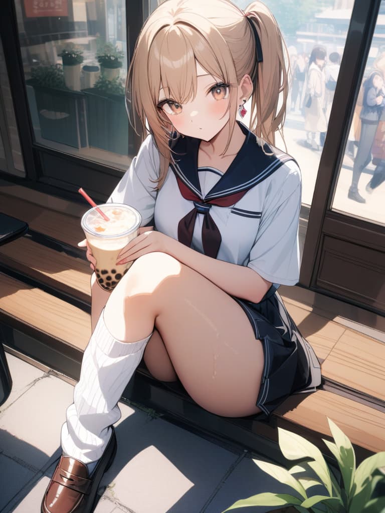  junior high school students, loose socks, sailor uniforms, loafers, tapioca milk tea, beige eyes, girls, cafes, ponytails, flowers earrings, beige hair, fashionable, cute, masterpiece, best quality,8k,ultra detailed,high resolution,an extremely delicate and beautiful,hyper detail