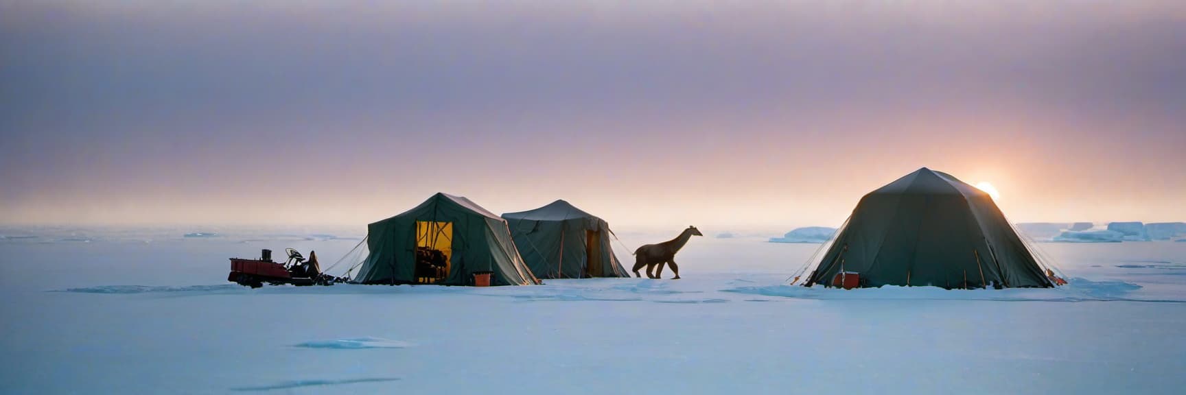  cinematic photo the arctic. ice hummocks. a polar explorers' camp. three tents. two containers. evening twilight. the sun is half below the horizon. a giraffe and three large beavers are wandering around the camp. a snowstorm. light fog. a three engine piston plane from the 1940s is coming in for a landing in the sky. . 35mm photograph, film, bokeh, professional, 4k, highly detailed, film photography style