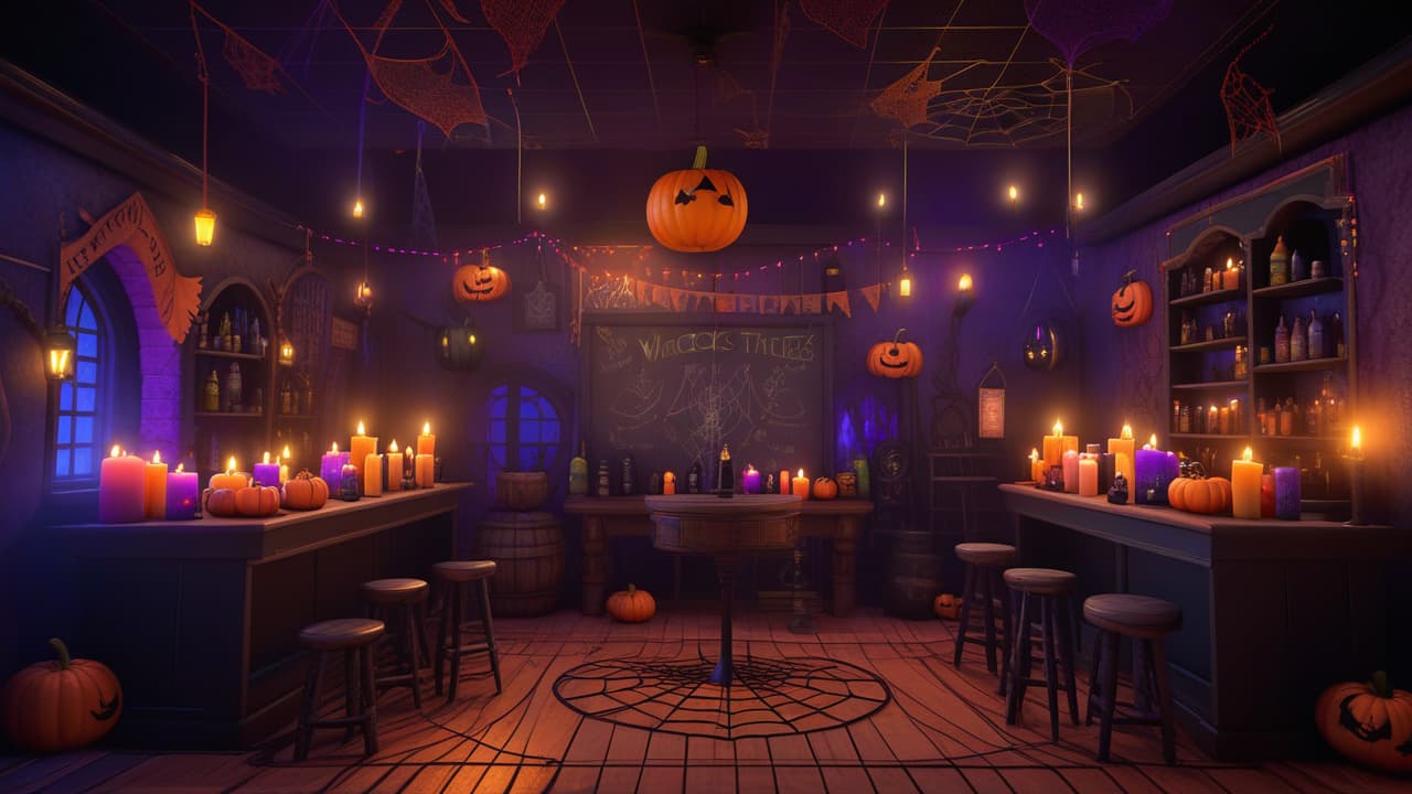  a dark and cozy karaoke bar themed for witches, with a stage, mini cauldrons on the tables, and candles for light. decorate with candles, spider webs, pumpkins, potions, and some mist along the floor. include a stage with a microphone, high quality, high details, hd, perfect composition, 4k epic detailed, highly detailed, sharp focus, high resolution