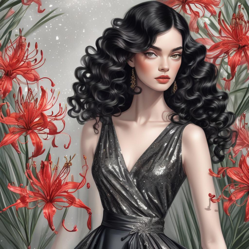  a beautiful girl, long large black curls,a branch of lycoris flowers,glitter, digital painting,fine ink drawing,fashionable vogue cover, botanical,stands realistic in a silk dress,dolce & gabbana, bohemian style,elegant,intriguing,lots of details, photorealism, professional photo,