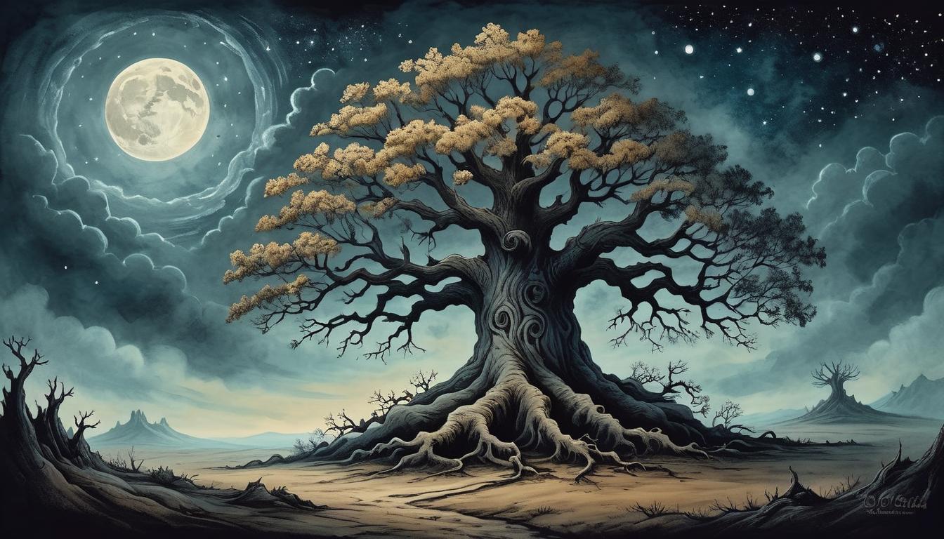  on parchment, surrealism+++, ancient tree standing alone under night sky, roots deep and strong, distant horizon, feeling of resilience, independence, silent growth(mysterious, provocative, symbolic,muted color)+++