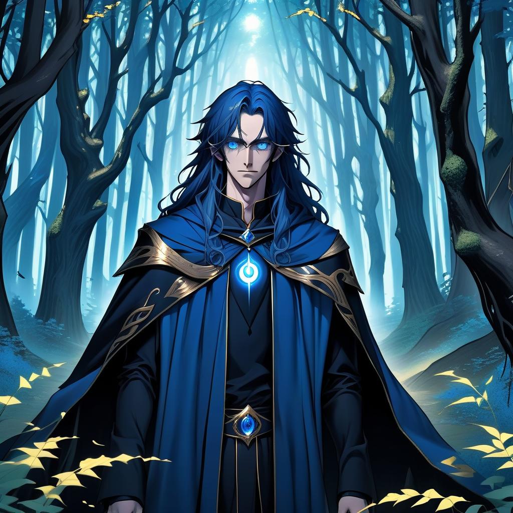  thin young man, with long, blue, loose, wavy hair. piercing golden eyes with a vertical pupil. dressed in dark clothes with a blue mantle over. he stands in the middle of a blue forest