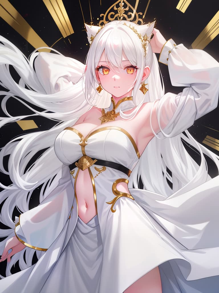  girls, rose tattoo on the stomach, white hair, golden eyes, white clothes, earrings on the ears, raising arms on their heads, shining eyes, hungry clothes, rolled hair drill hair., masterpiece, best quality,8k,ultra detailed,high resolution,an extremely delicate and beautiful,hyper detail