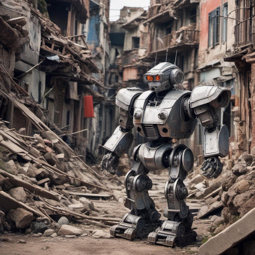  un robot rouillé qui marche dans une grande ville en ruines , profile image style