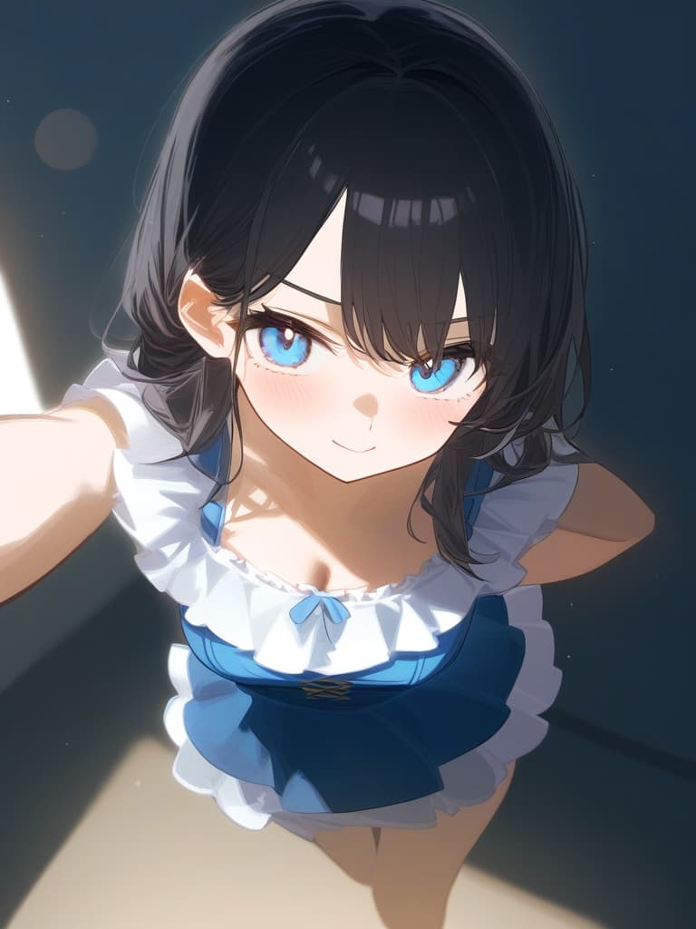  cute face focus,cute,black hair,light blue eyes,cute posing,frill onepiece