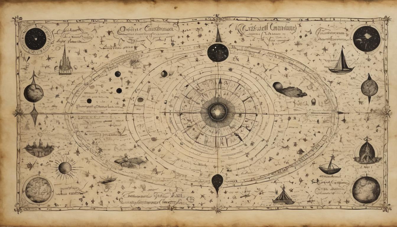  on parchment, surrealism++, intricate celestial map, glowing constellations, ink black sky, divine patterns, cosmic harmony(mysterious, provocative, symbolic)++