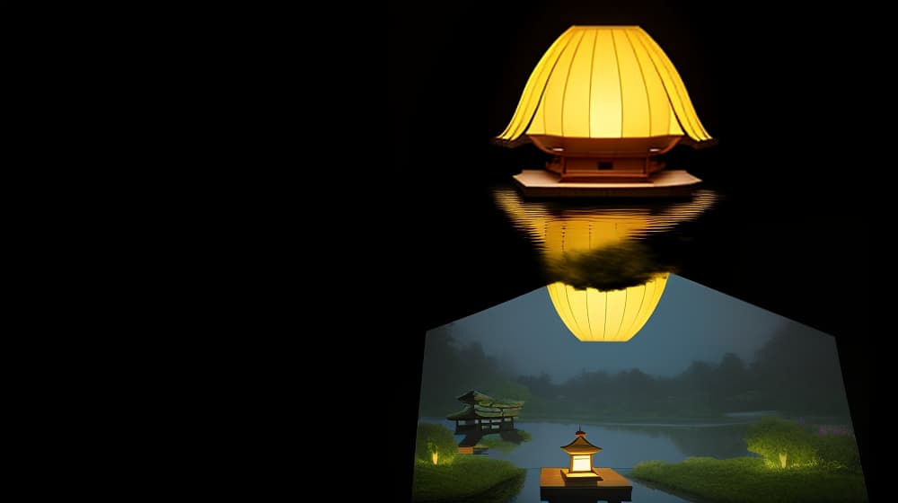  masterpiece, best quality, (fidelity:1.4), best quality, masterpiece, ultra high resolution, 8k resolution, night view inspired by japanese art, featuring a garden illuminated by paper lanterns and a wooden bridge spanning a tranquil lake with a small zen temple beside the lake.