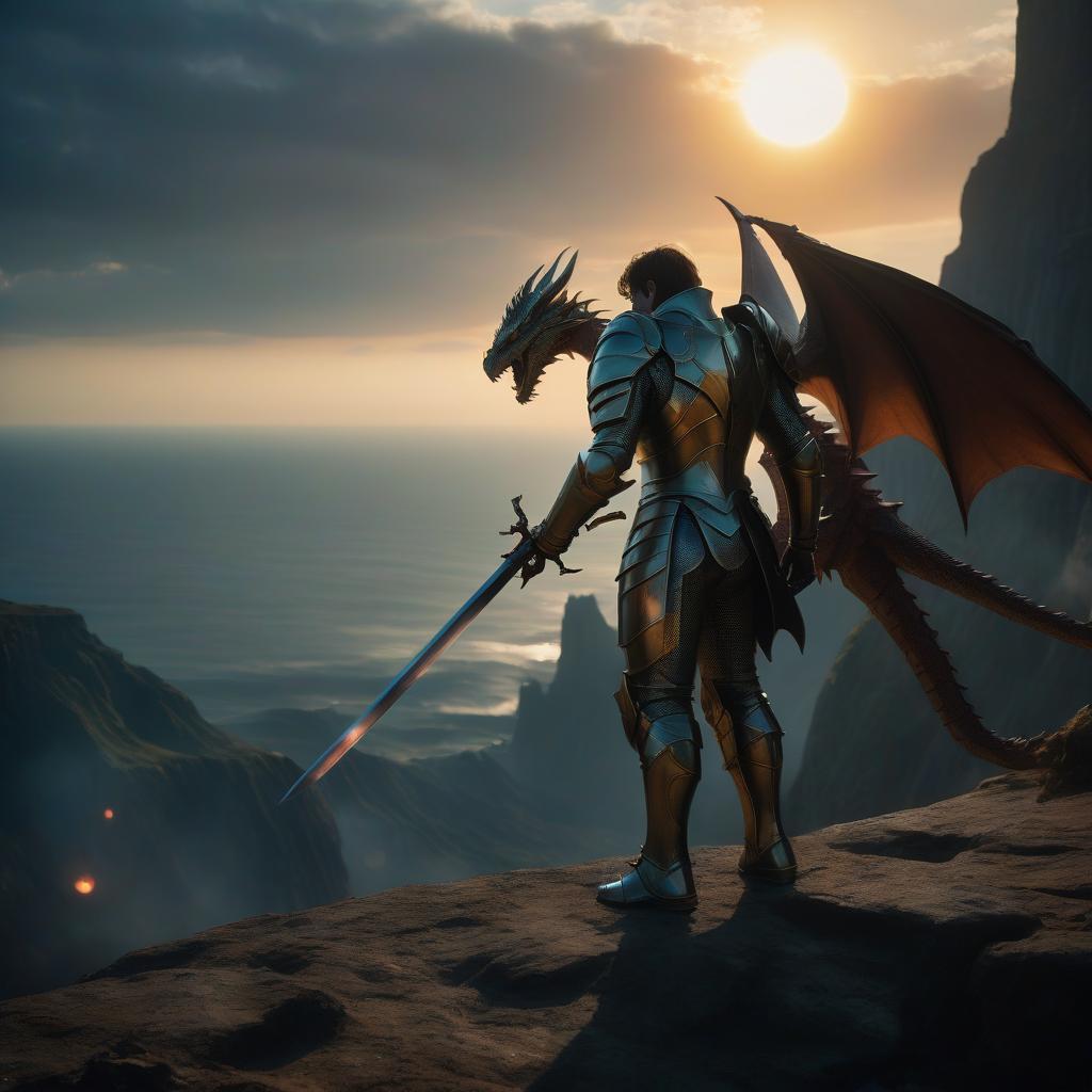  cinematic film still a hero in fantastic armor stands at the edge of a cliff, holding a sword. in the background, a sunset with an otherworldly sun creates a stunning fantasy landscape. in the distance, a defeated dragon and monsters can be seen, while next to the hero is a glowing holographic panel of a new level . shallow depth of field, vignette, highly detailed, high budget, bokeh, cinemascope, moody, epic, gorgeous, film grain, grainy