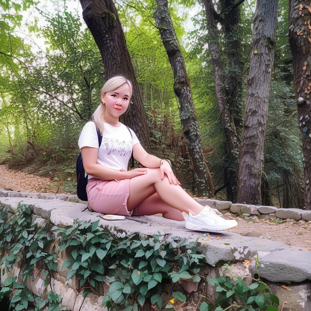  a woman sitting on a stone wall in a wooded area. the background is a fabulous forest, a little gloomy, fireflies. to the right of the girl is a cute white rabbit and a white hedgehog.