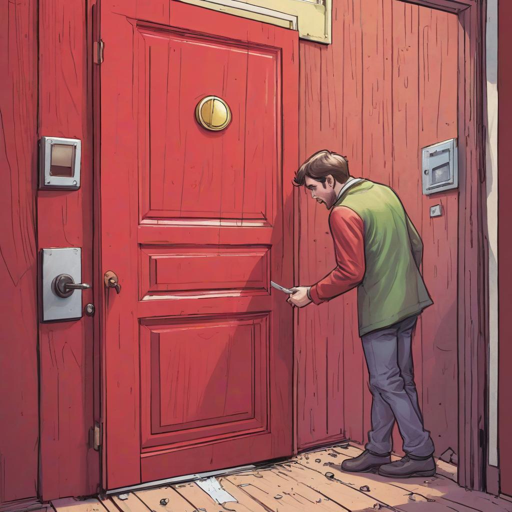  draw a colored comic book, your hand knocks on a red wooden door