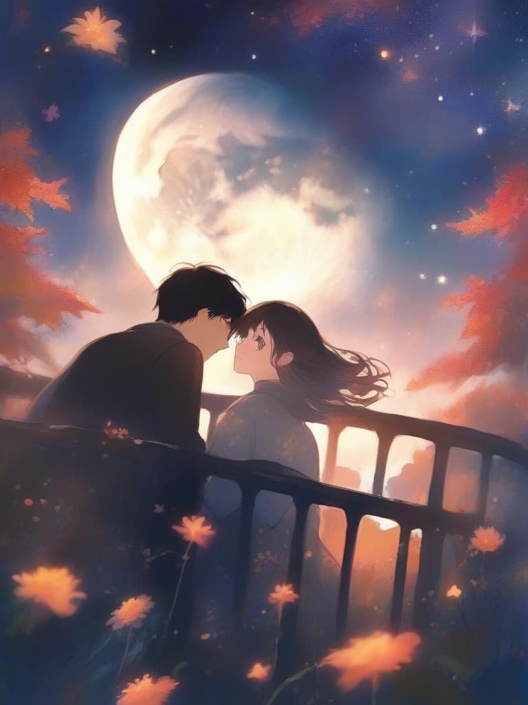  gentle illustration style,masterpiece {male and female couple:1.2}{{beautiful man and woman}}{gazing at the night sky:1.2}{sad expression}{crescent moon and starry sky}{{foliage scattered at night:1.2}}{high quality,16k,super analysis,absurd{{close up of the upper body}}