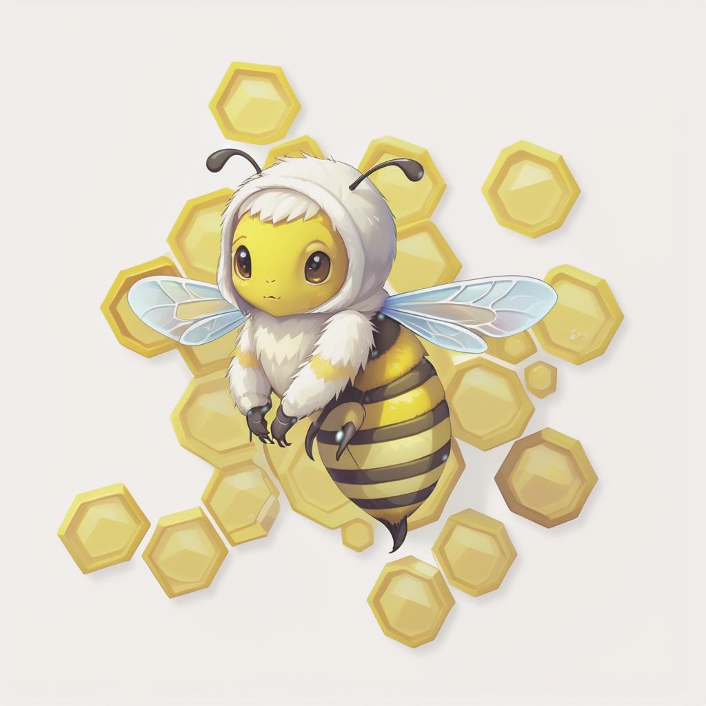  low poly style cute fluffy bee sitting on honeycomb, white background . low poly game art, polygon mesh, jagged, blocky, wireframe edges, centered composition, sticker