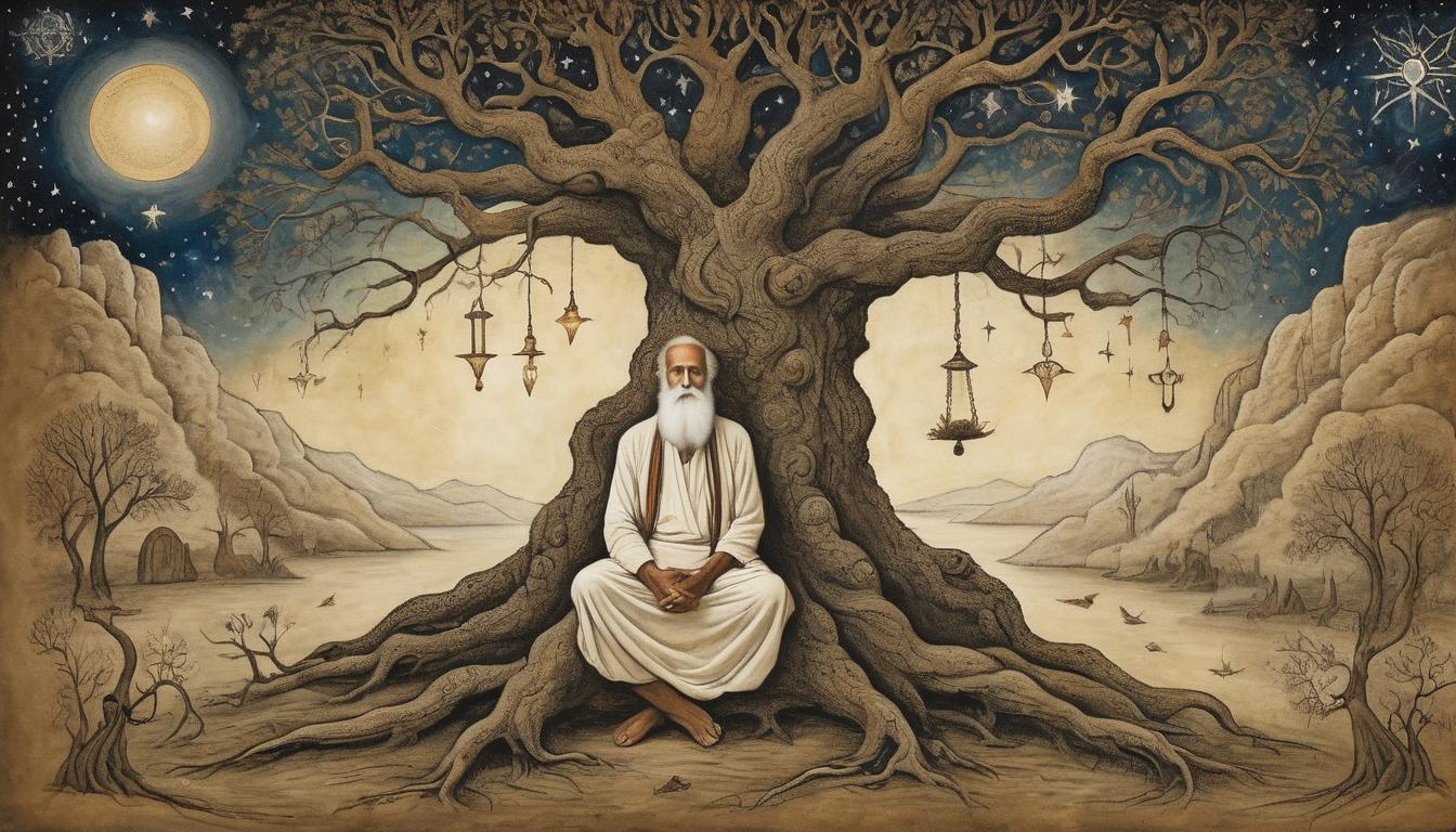  on parchment, surrealism++, a serene and wise elder, long white beard, sitting in meditation beneath an ancient tree, roots intertwined with luminous symbols, starry night sky, deep understanding, wisdom seeking(mysterious, provocative, symbolic)++