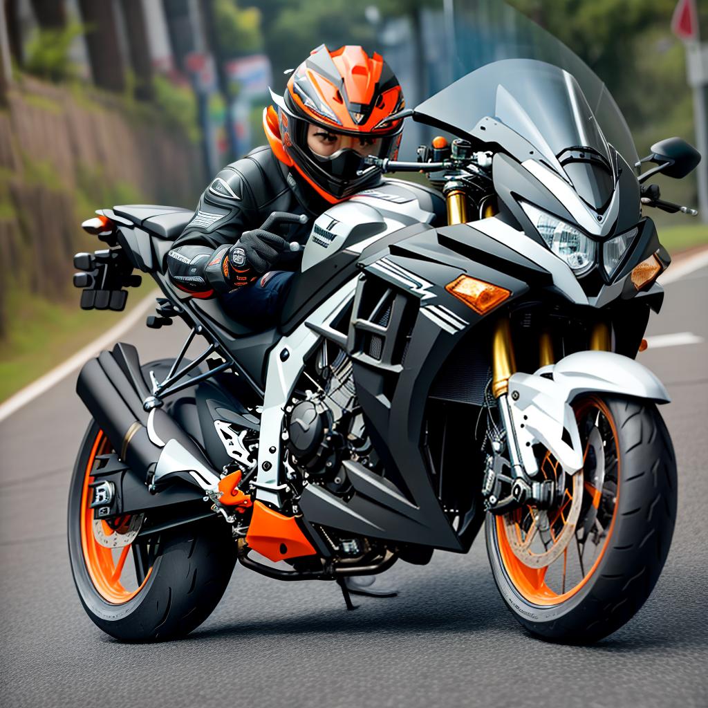  masterpiece, best quality, Resolusi Ultra Tinggi, resolusi 8k, gambar 3d orang sedang memakai motor ninja ZX25RR tanpa memakai helm