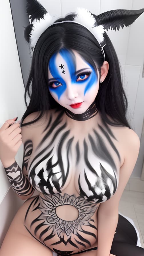  Black and White flame pattern body paint in every corner of the whole body, blue body paint full body, Grey face paint on the face, two succubus sisters, full body image 女性