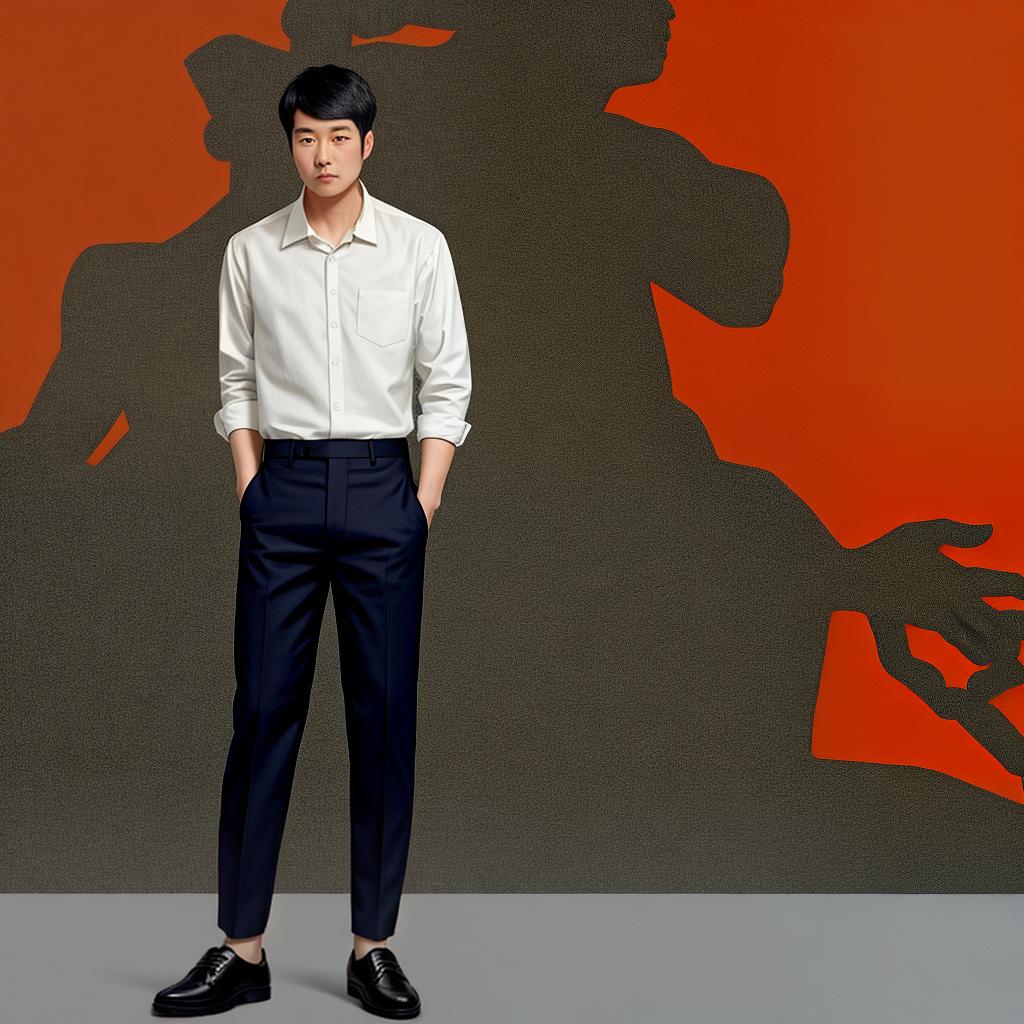  masterpiece, best quality, Asian man wearing white shirt and navy pants. Standing pose with one hand in his pocket. Wearing black shoes. Orange background in photo studio