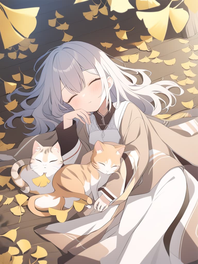  1cat ,japanese cat,cat sleeping on fallen leaves,falling ginkgo leaves,girl cuddling,ginkgo forest,midday sunshine,falling ginkgo leaves,