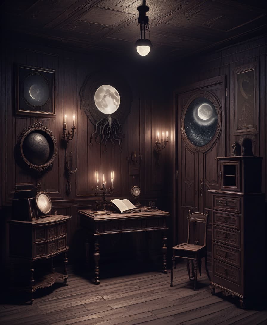  lovecraftian horror the dark room. wooden furniture in classic style. web and dust. no lighting. the moon outside . eldritch, cosmic horror, unknown, mysterious, surreal, highly detailed