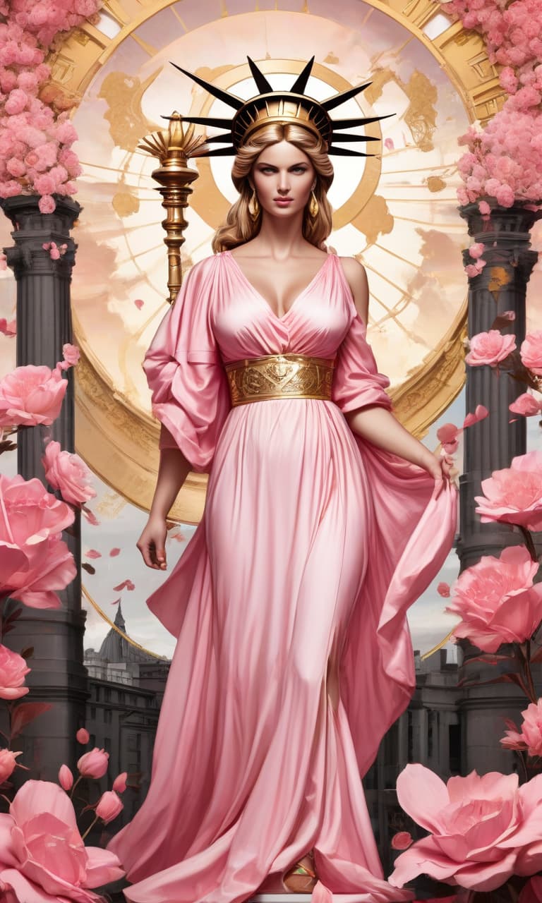  concept art tarot color pink, white, black, gold statue of liberty in a chic dress by dolce & gabbana . digital artwork, illustrative, painterly, matte painting, highly detailed, perfect hands