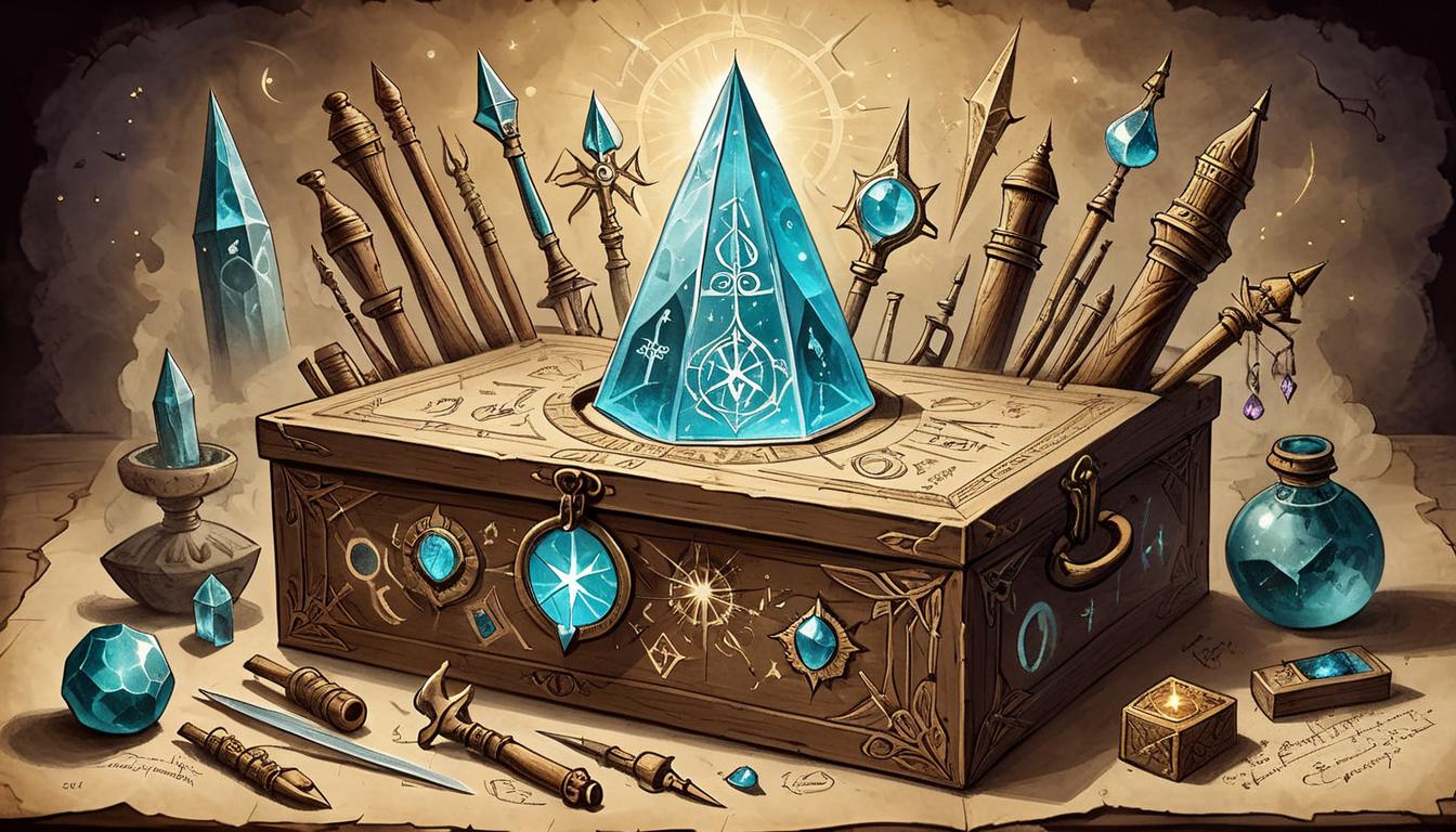  on parchment, surrealism+++, a mystical toolkit, filled with arcane instruments and glowing crystals, open and radiating light, symbols etched into the tools and the box, empowering, sense of preparation and strength(mysterious, provocative, symbolic,muted color)+++