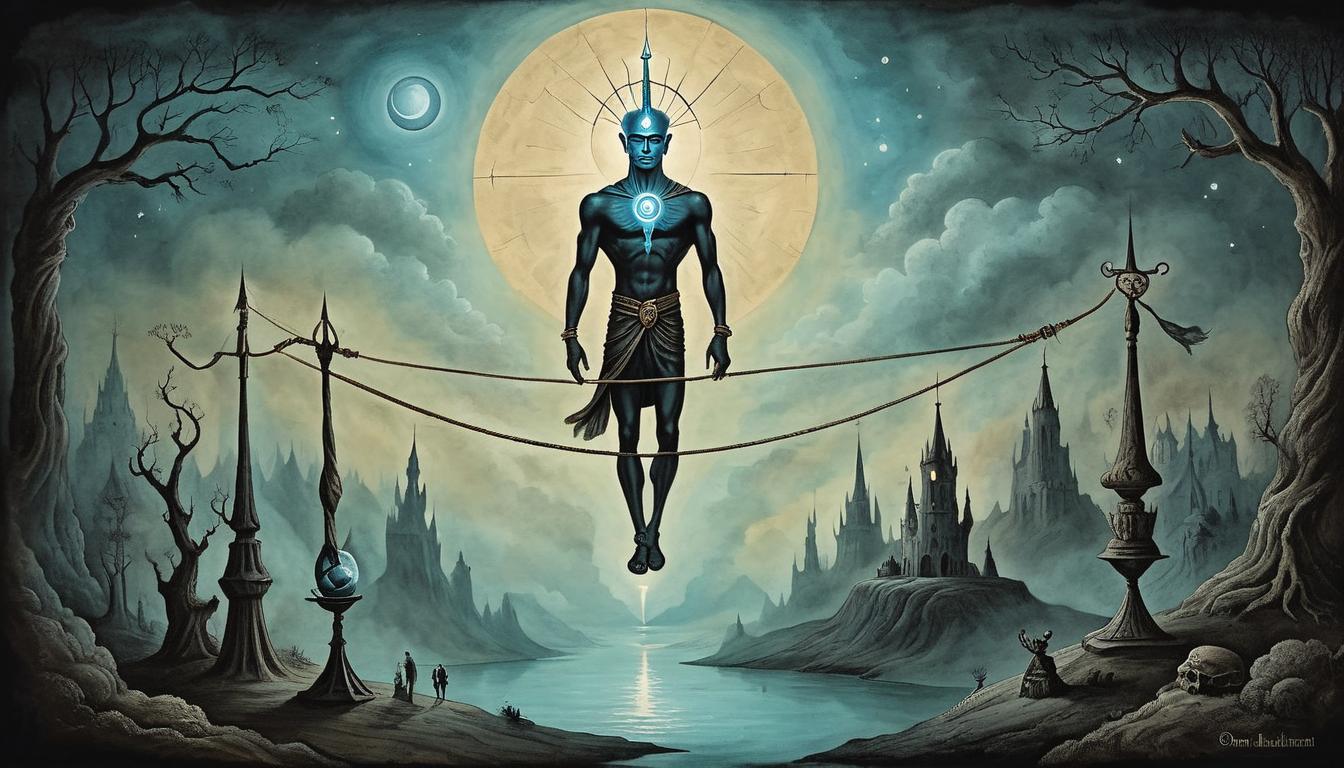  on parchment, surrealism+++, third eye illuminated on a person's forehead, walking a luminous tightrope between darkness and clarity, balance, mastery(mysterious, provocative, symbolic,muted color)+++