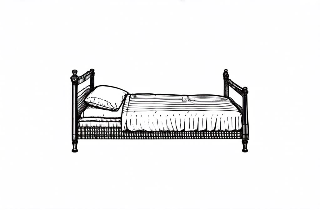  contour, very simple image in one unbroken black ink line, single line of bed, engraving illustration, icon isolated on white background ar 3:2 using a single continuous black line ink brushon white background, drawing should be created without lifting the pen, recognizable features of bed, engraving illustration, icon isolated on white background ar 3:2 in one unbroken line