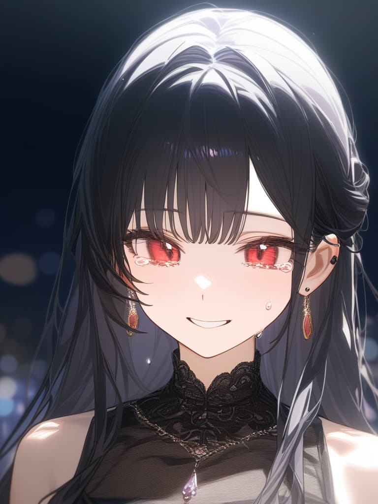  long hair, black hair, hair tips are pink, red eyes, hanging eyes, bangs lengths, smiles, adults, adult faces, piercings, necklaces, black lace clothes, thin makeup, night view, crying smile, hair is pale pink and black, tears, masterpiece, best quality,8k,ultra detailed,high resolution,an extremely delicate and beautiful,hyper detail