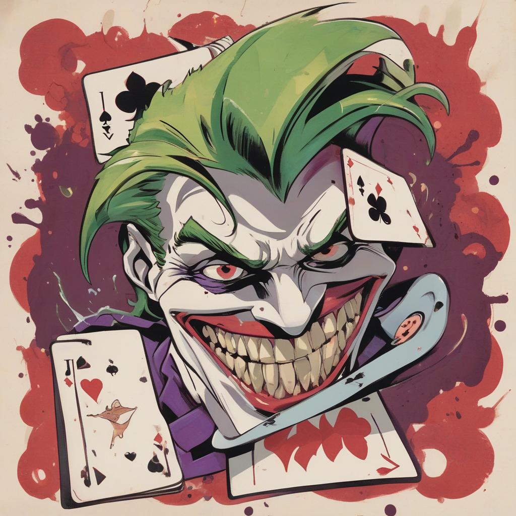  joe's card shows the joker's distorted face with discolored hair. smile stretched to madness, one eye squinted, the other wide open. around chaotically scattered suits of cards, but they are all changed: worms cracked, clubs with thorns, spades are like drops of blood. on the edges of the card graffiti, like traces of claws. it says "joe" at the bottom, but the letters are curved: "d" drips and "o" is a crooked grin. the card conveys jo's chaos and energy.