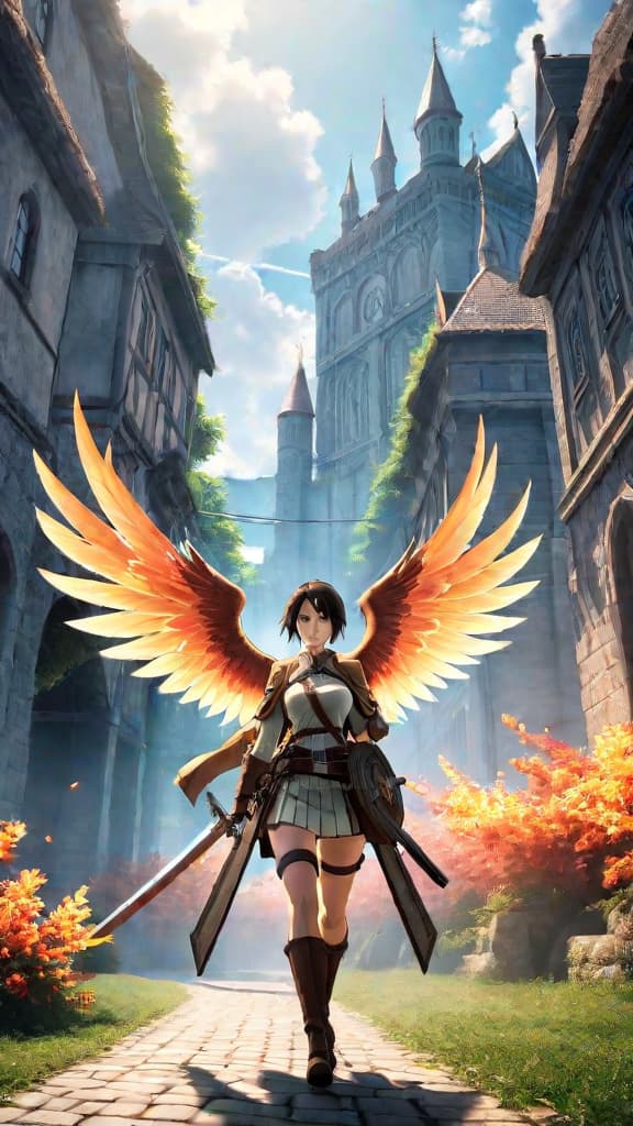  anime art, fortified walls with enchantments, soldiers flying on enchanted wings, magic world from attack on titan hyperrealistic, full body, detailed clothing, highly detailed, cinematic lighting, stunningly beautiful, intricate, sharp focus, f/1. 8, 85mm, (centered image composition), (professionally color graded), ((bright soft diffused light)), volumetric fog, trending on instagram, trending on tumblr, HDR 4K, 8K