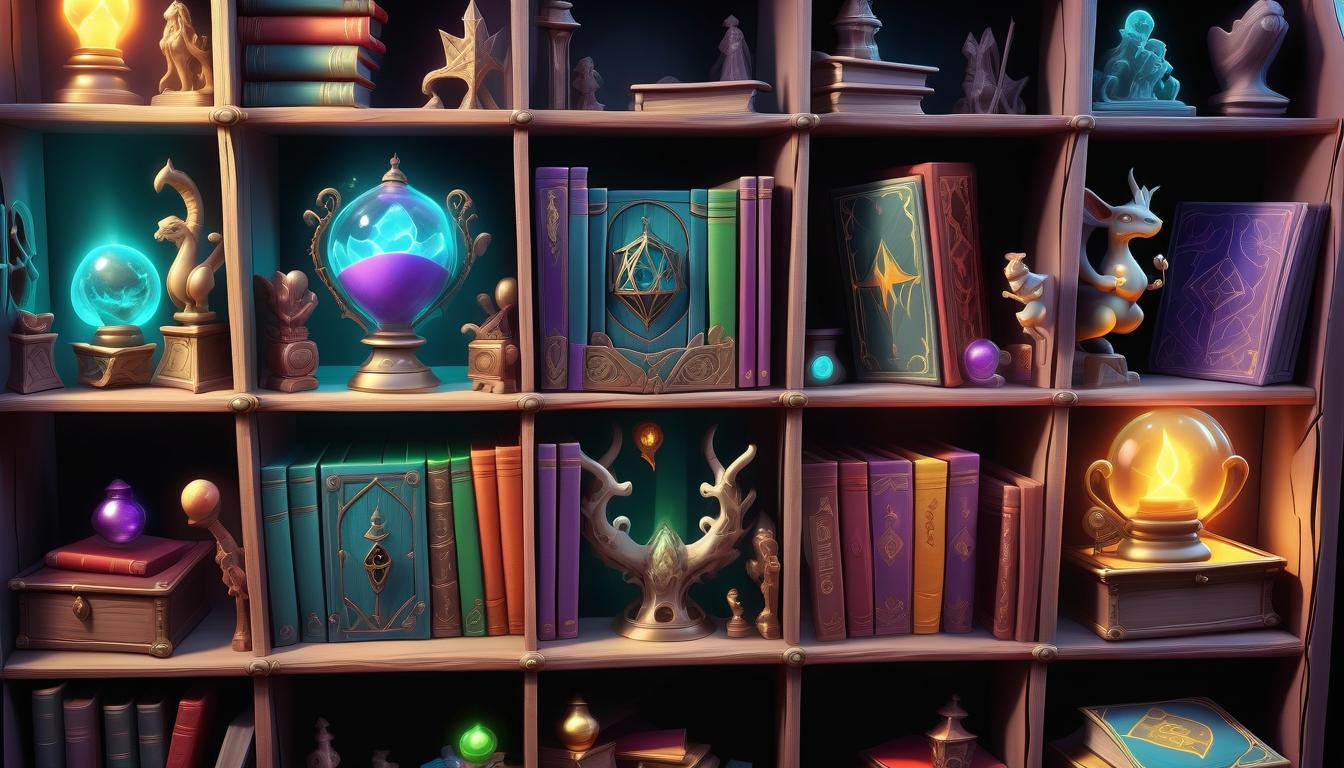  a magical rack with board games and books, on which there are magical artifacts and chests. bright colored light, the effect of magic. rpg style