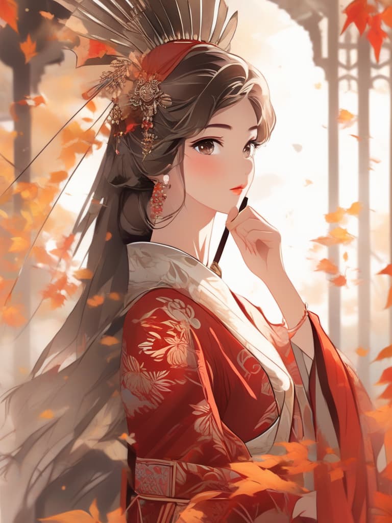  line art drawing autumn colors, oil painting, traditional attire, ink wash, fallen leaves, pond, woman in red robe, sword, vibrant autumn hues, lively atmosphere, ((mysterious aura)), female figures, powerful, ancient style, ((dramatic lighting)), highly detailed photo, sharp details, best quality, 4k, raw photo. professional, sleek, modern, minimalist, graphic, line art, vector graphics