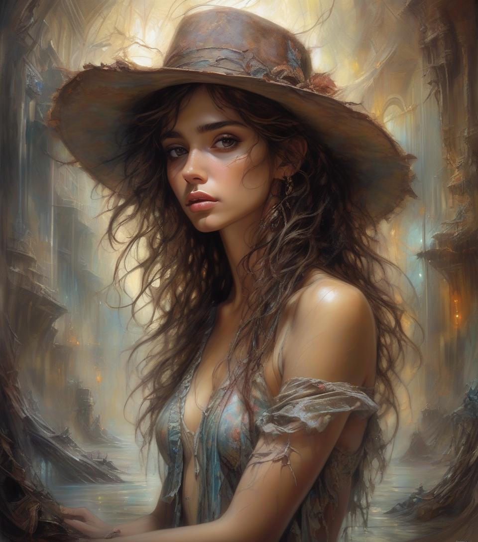  hyper realistic digital painting of beautiful girl, dark brown eyes, mid length messy hair and hat, in a surreal and fantastic setting, combining the artistic styles of jose royo, boris vallejo, julie bell, carne griffiths, and brian froud, precise anatomy, with a centered symmetrical composition, volumetric lighting, rays, vivid colors reflects