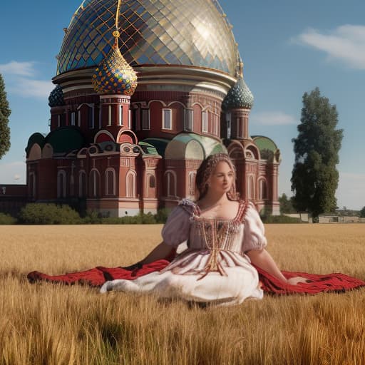  the girl lies in the position of the embryo on her side, facing the camera, with her eyes closed. she lies in a field of wheat, the sky is clear. the girl is wearing a traditional russian costume. she is covered with a crystal dome, which is supported by columns of red marble, faded , vintage , nostalgic , by jose villa , elizabeth messina , ryan brenizer , jonas peterson , jasmine star