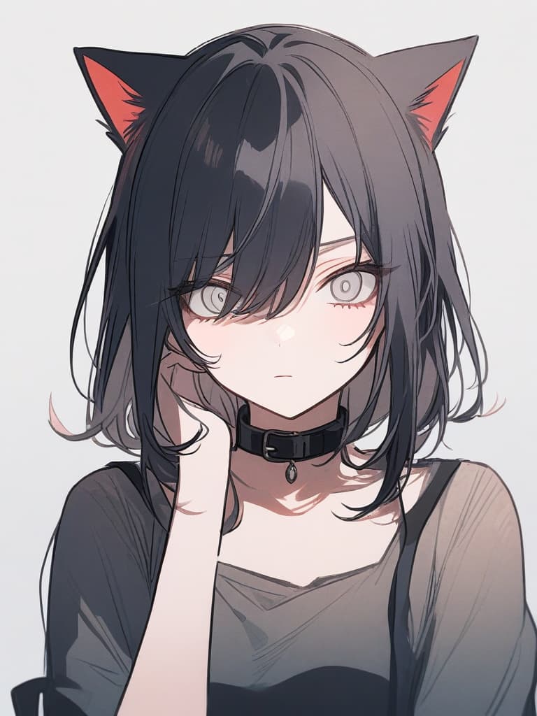  girls, white eyes, black collar, demon killing squad, swords, black hair with light blue mesh, cats, human eyes, human expression, white background