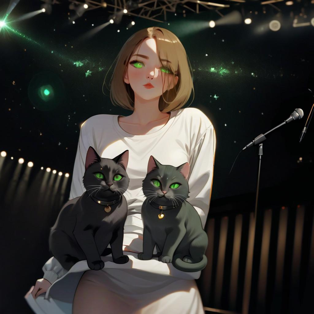  girl with dark green eyes, two cats, space, spotlights, view from the stage, microphone, music, royal grace