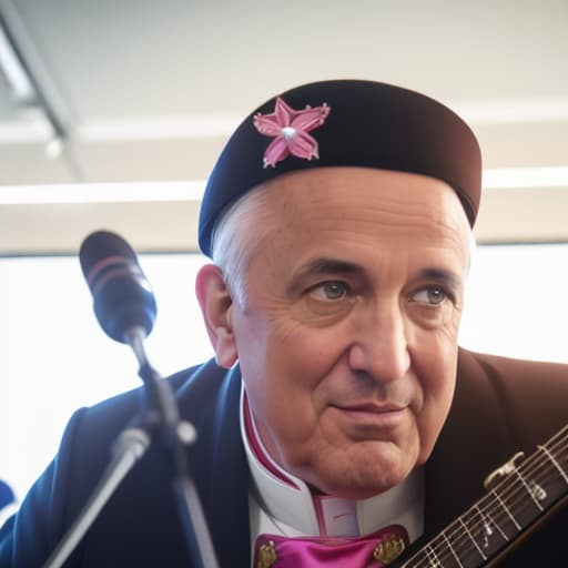  Beautiful photography of Catholic Pope, wearing a pink cassock, playing rock guitar at a rock concert, hyper realistic photography, cinematic, hyper detailed, UHD, color correction, hdr, color grading, hyper realistic CG animation, taken using a Canon EOS R camera with a 50mm f/1.8 lens, f/2.2 aperture, shutter speed 1/200s, ISO 100 hyperrealistic, full body, detailed clothing, highly detailed, cinematic lighting, stunningly beautiful, intricate, sharp focus, f/1. 8, 85mm, (centered image composition), (professionally color graded), ((bright soft diffused light)), volumetric fog, trending on instagram, trending on tumblr, HDR 4K, 8K