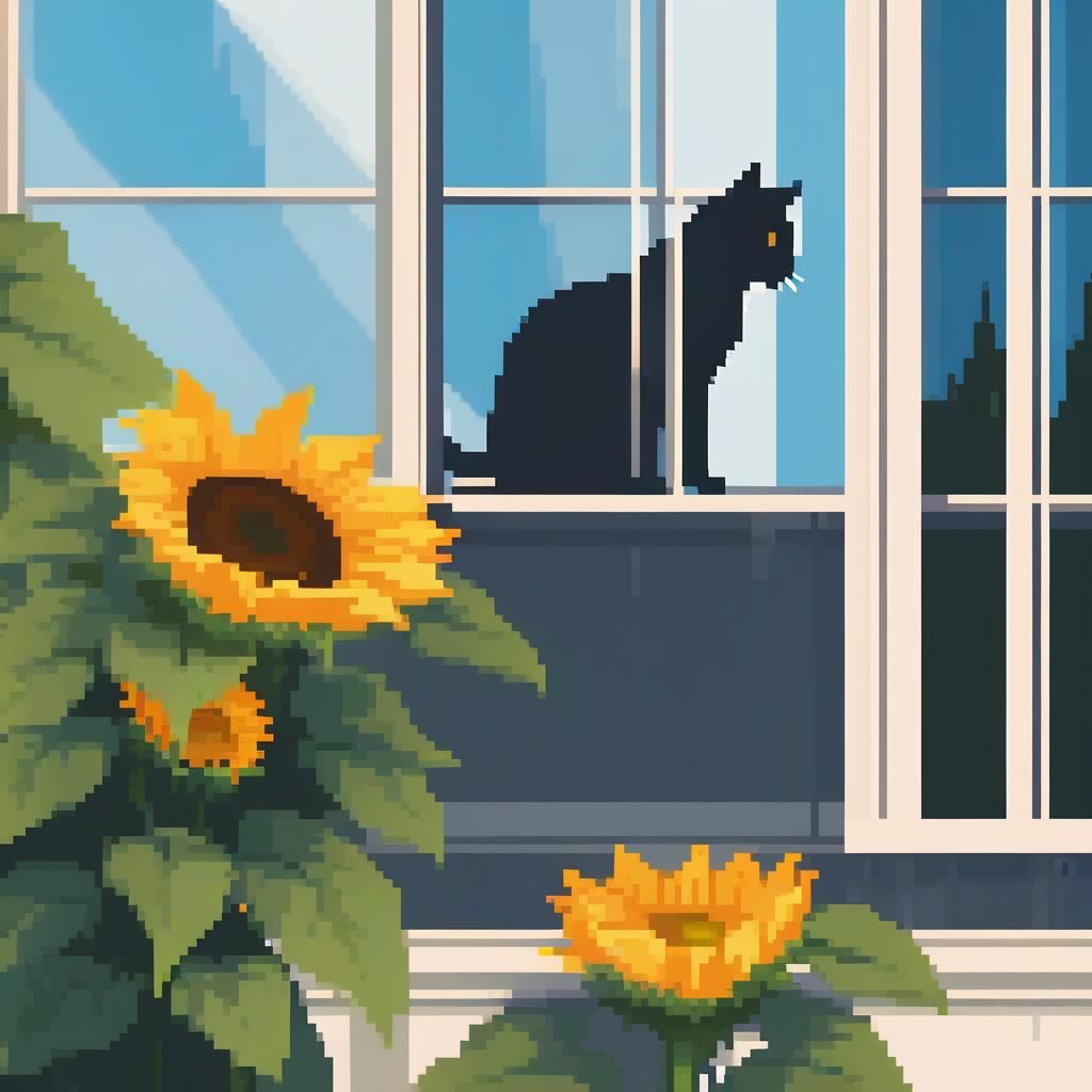  minimalist style the cat on the window, on the cut board, the field and the sunflower, 2d illustration, picsar style . simple, clean, uncluttered, modern, elegant hyperrealistic, full body, detailed clothing, highly detailed, cinematic lighting, stunningly beautiful, intricate, sharp focus, f/1. 8, 85mm, (centered image composition), (professionally color graded), ((bright soft diffused light)), volumetric fog, trending on instagram, trending on tumblr, HDR 4K, 8K