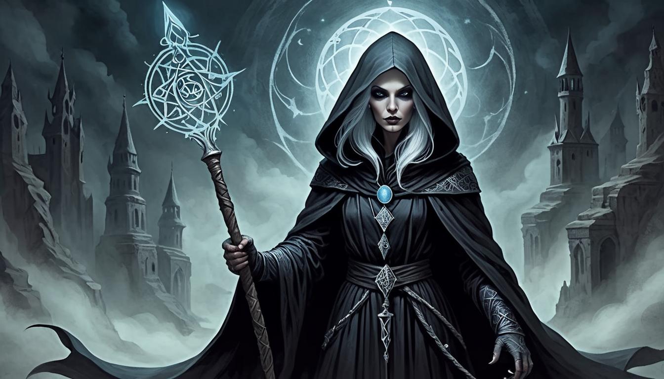  on parchment, surrealism+++, a dark sorceress with a staff, cloaked in black robes, hood obscuring face, strands of silver hair, ancient symbols glowing(mysterious, provocative, symbolic,muted color)+++