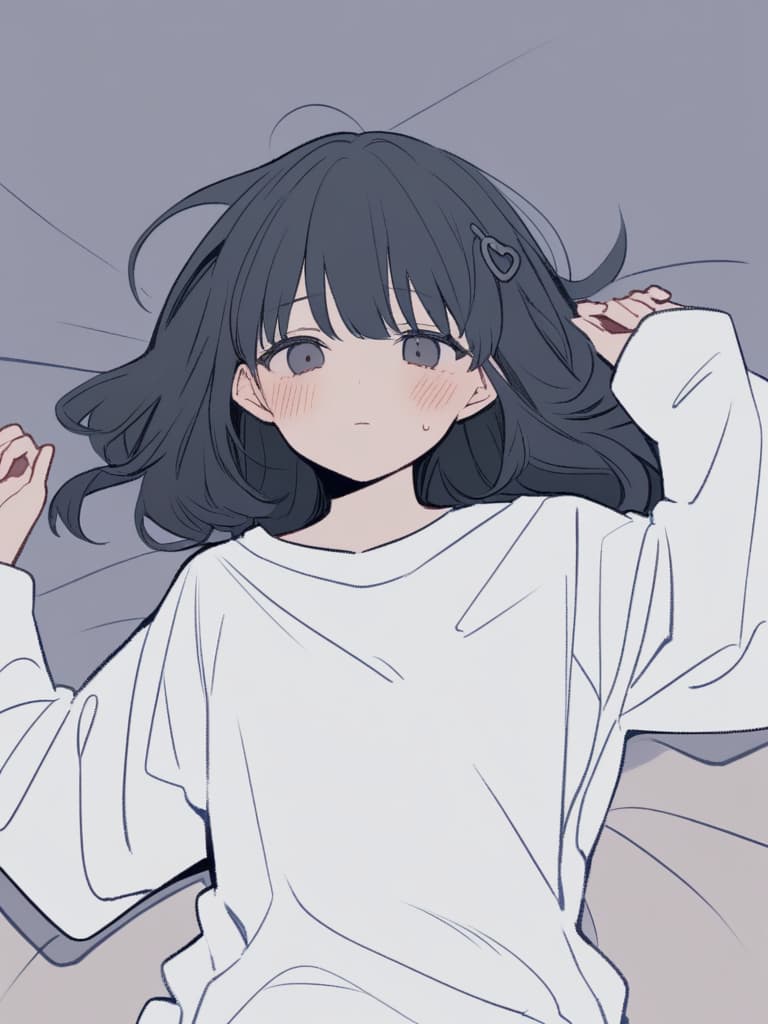  a monochrome anime style ilration depicting a young lying on her back. she has medium length dark hair with a hair clip on the right side,and her bangs partially cover her eyes. the is wearing a on up shirt with long sleeves,which appears slightly oversized. her expression is calm,with a slight blush on her cheeks,and she gazes softly towards the viewer. the scene gives off a relaxed and atmosphere,as the rests with her head slightly tilted to the side. the overall tone of the image is soft and muted,with detailed shading that enhances the contours of her face and clothing. the background is simple and mostly white,emphasizing the character’s features.