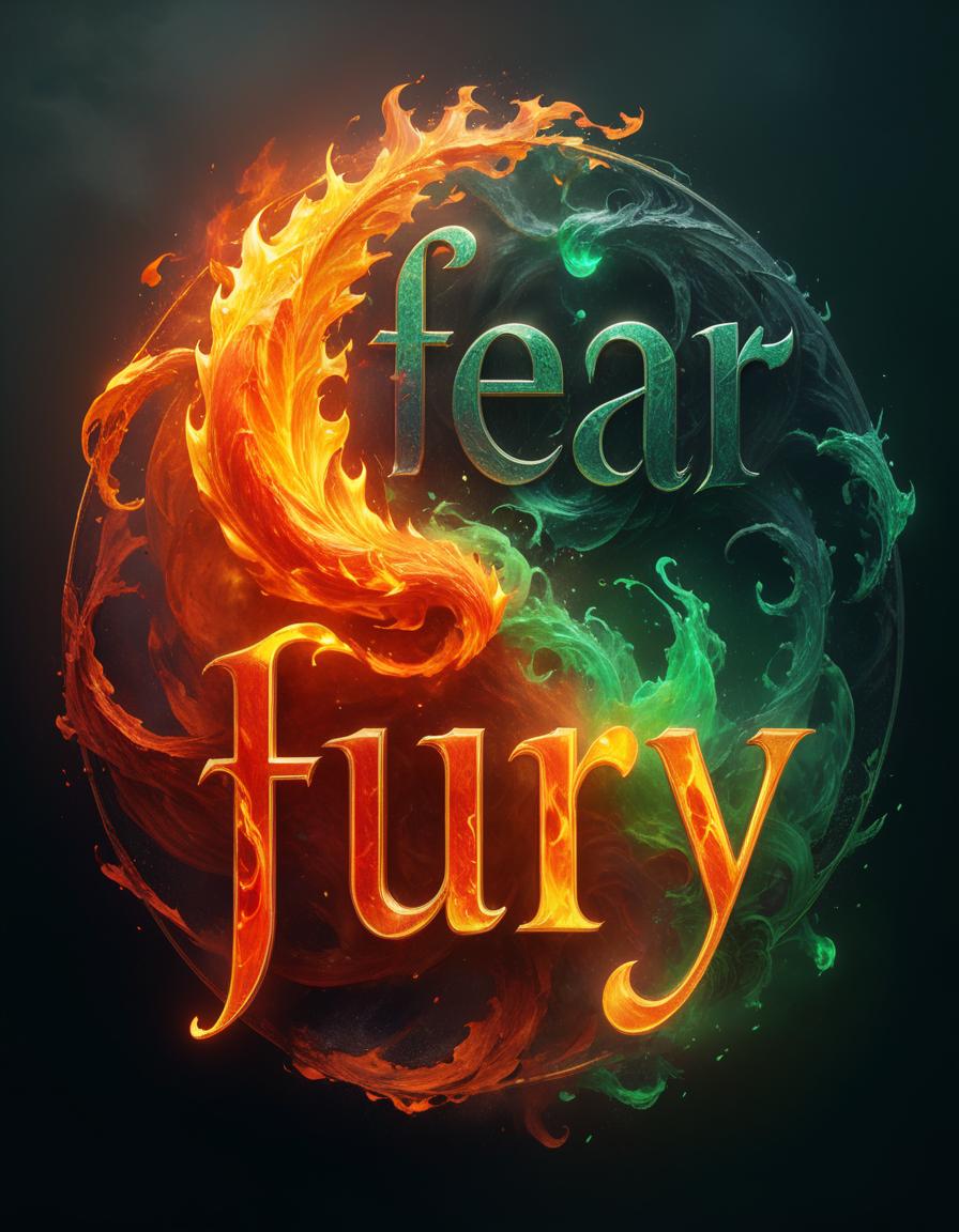  (masterpiece, uhd, digital painting:1.3), dynamic calligraphy lettering art, bold text "fury" in fiery capital letters, (flames cascading:1.2), contrasting with text "fear" in dripping poison capital letters, (toxic green hues:1.2), intricate layering, swirling fire and poison visual effects, (abstract lettering:1.3), yin yang composition, (harmonious balance:1.1), vibrant colors, energetic movement, rich textures, glowing embers, dark shadows, dramatic lighting, deep emotional resonance, captivating and intense atmosphere, center focused design, circular flow, inviting exploration of duality., civitai hyperrealistic, full body, detailed clothing, highly detailed, cinematic lighting, stunningly beautiful, intricate, sharp focus, f/1. 8, 85mm, (centered image composition), (professionally color graded), ((bright soft diffused light)), volumetric fog, trending on instagram, trending on tumblr, HDR 4K, 8K