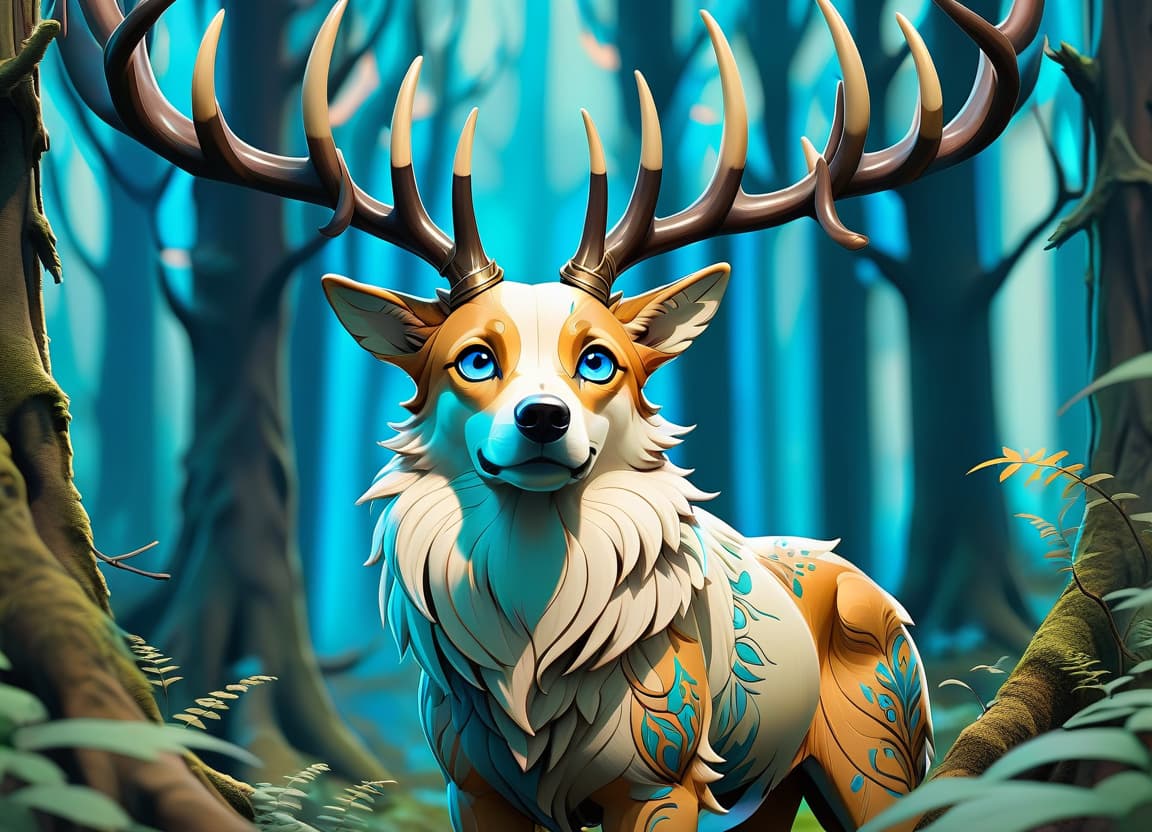  concept art animal, mythical animal, dog with full stag horns, forest, dog, forest spirit animal, forest spirit, patterns, unusual color, blue eyes . digital artwork, illustrative, painterly, matte painting, highly detailed