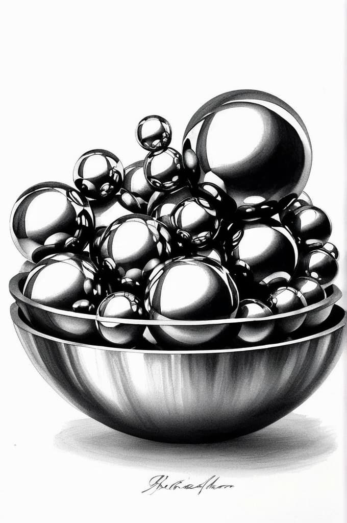  chrome steel sculpture with different sized balls in a water basin against a white background, (tattoo sketch:1.25), drawing