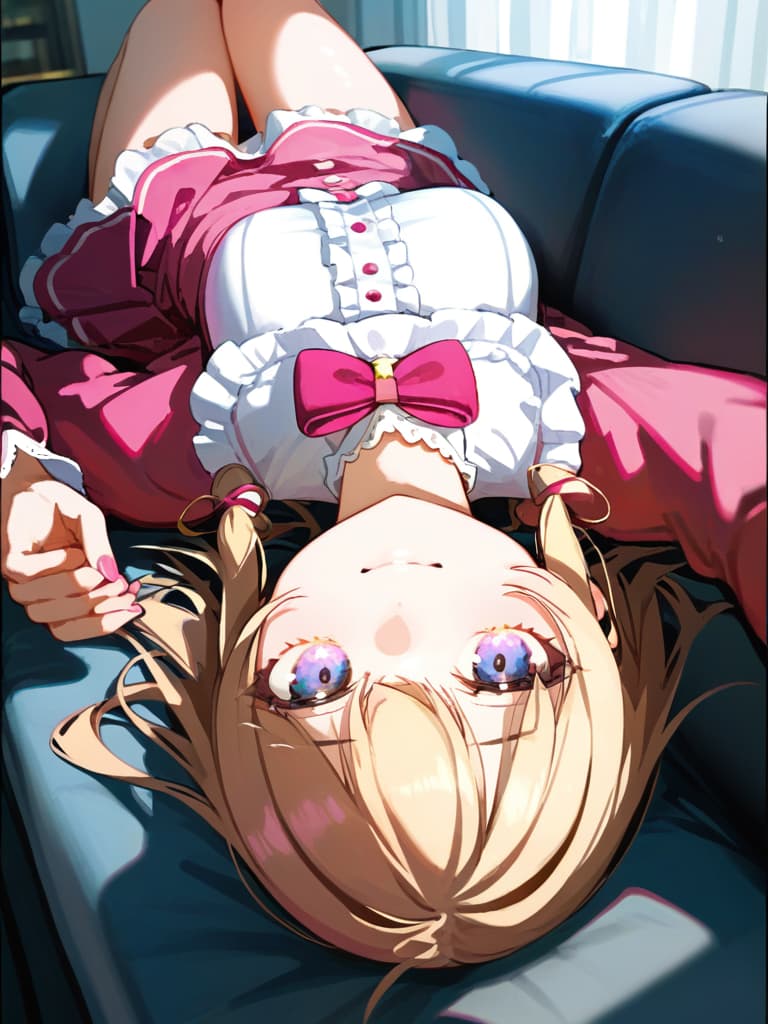  ultra detailed:1.2,masterpiece:1.2,best quality,masterpiece,bestquality,hdr:1.1,8k:1.1,very cute girl:1.3,(pink color,long sleeve frill dress:1.6),(lying on side:1.4),smile:1.4 ,(blonde hair,twin tail,drill hair:1.3) ,(on the couch:1.7),upper body:1.3,dutch angel:1.5,close mouth,(upside down:1.7)(from above:1.1)((eyes highlight:1.1))