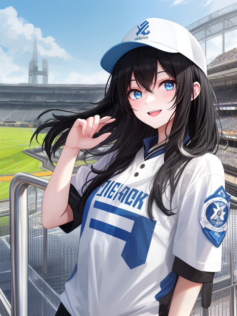  energetic and lively atmosphere: long and straight black haired people wear a white baseball shirt with blue letters to support the baseball cap and eager. cute poses, winks, and one arm are raised high. the scene is outdoor stadium, the background is a cool background of natural light, whole body,